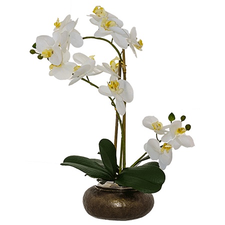Artificial white orchid in copper pot